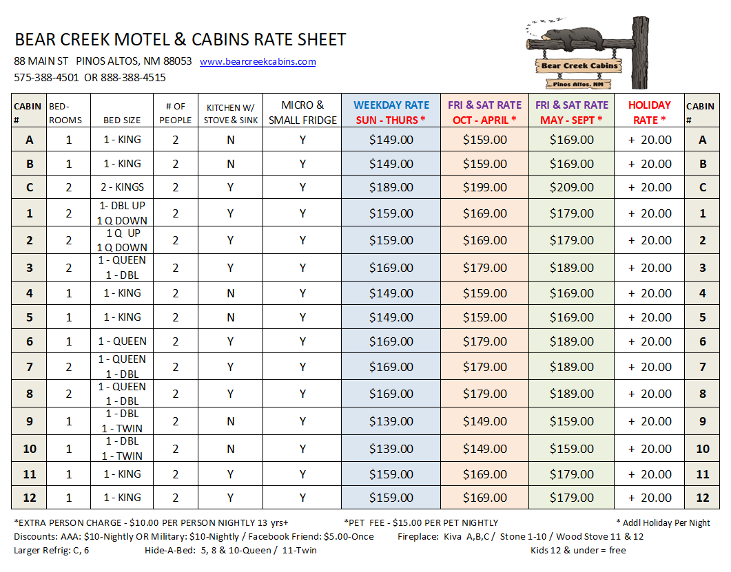 Bear Creek Motel and Cabins Rate Sheet